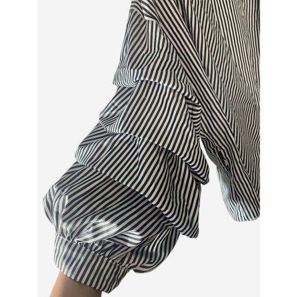 Plus Size Women Ruffle Sleeve V Neck Waist Tie Striped Black/White Blouse‎ 2X - Picture 4 of 9